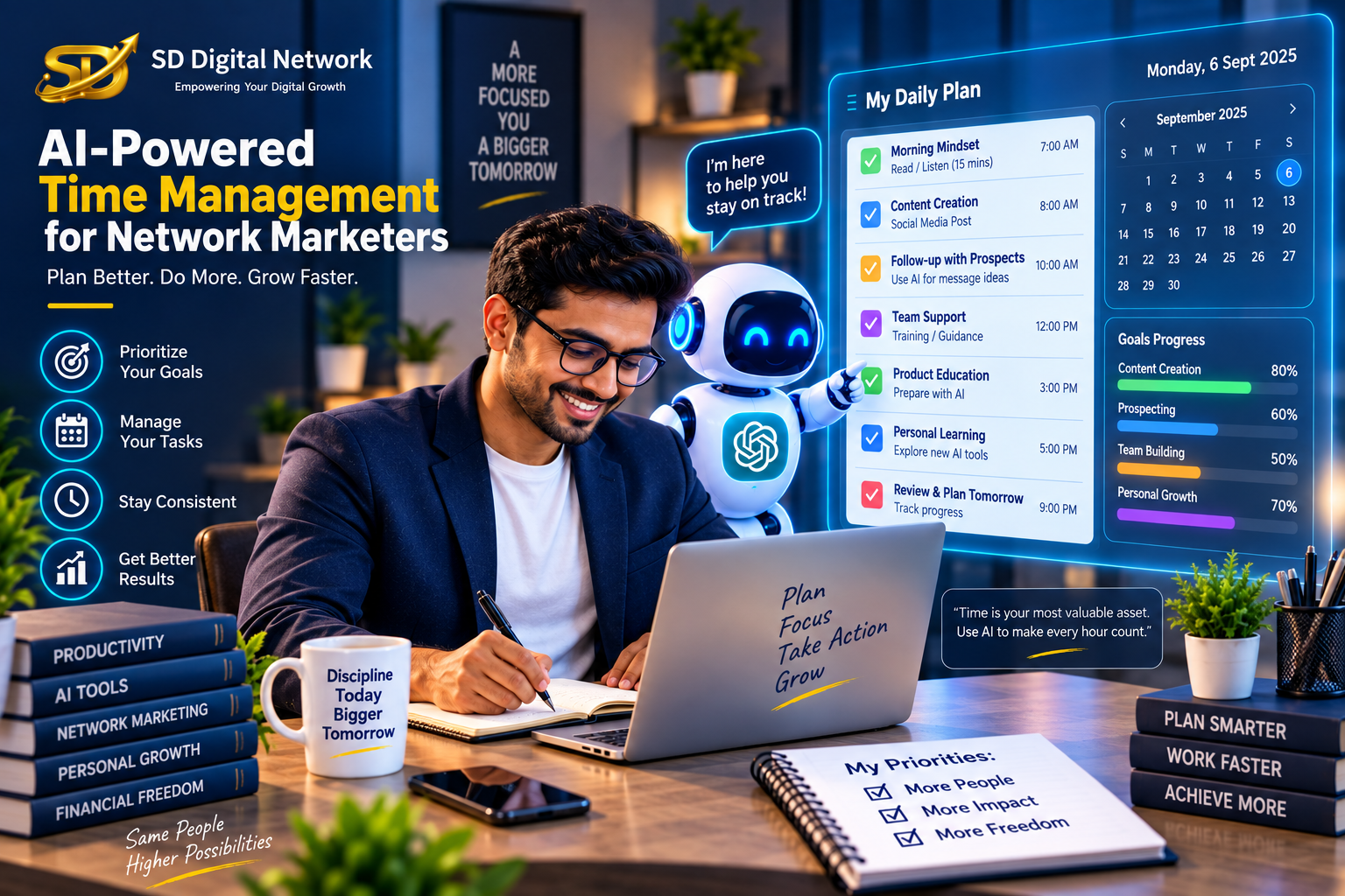 AI-assisted daily workflow and time management for network marketers