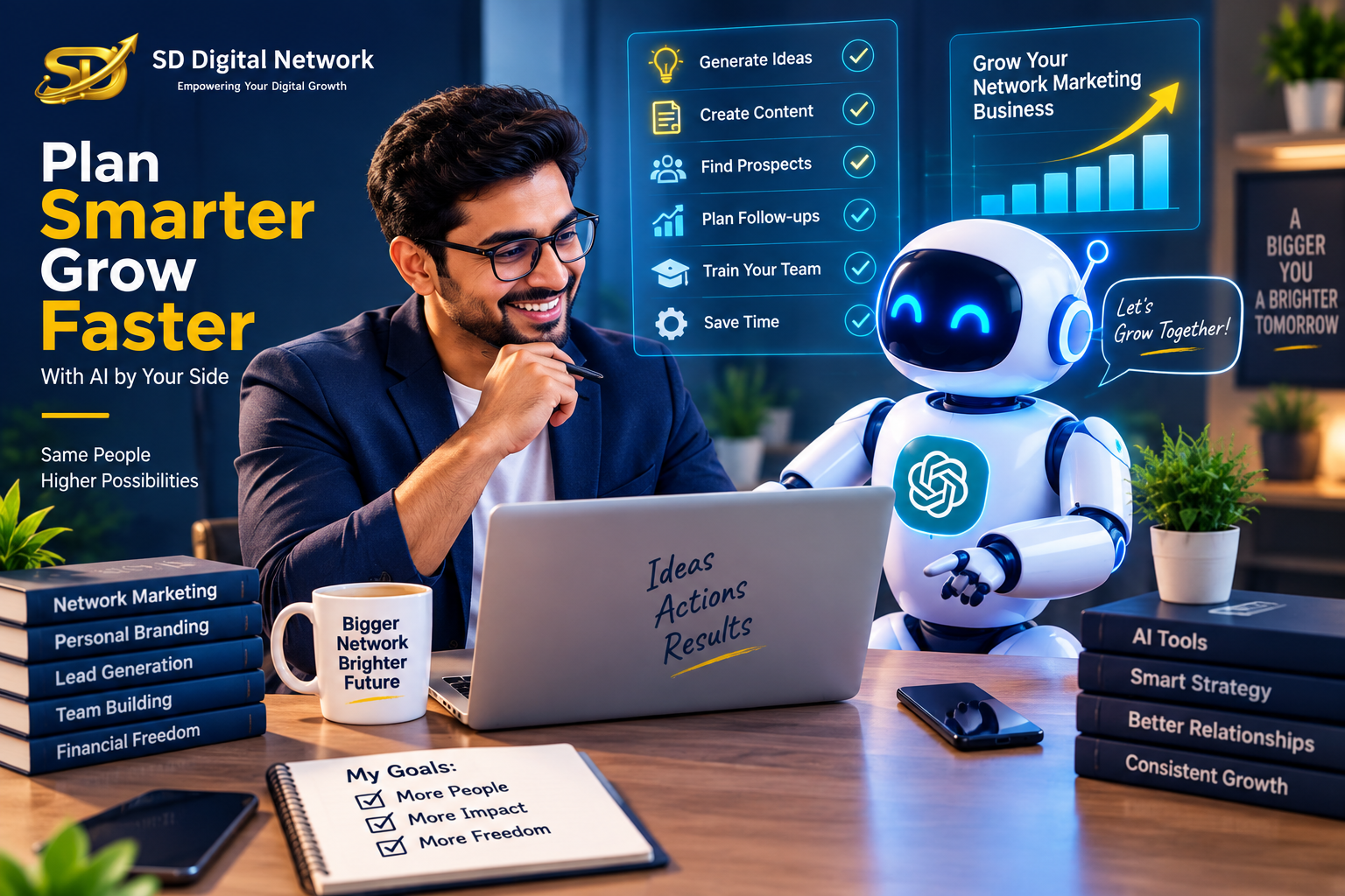 Network marketer planning a business workflow with AI assistance