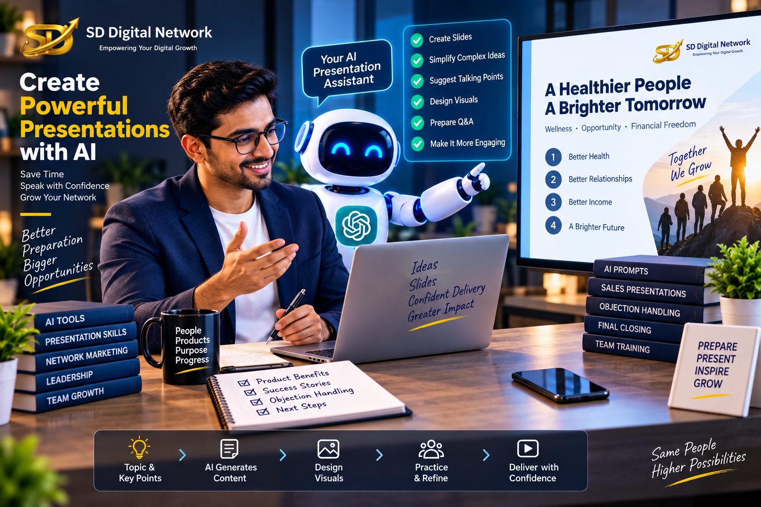 Network marketer preparing a presentation with AI assistance